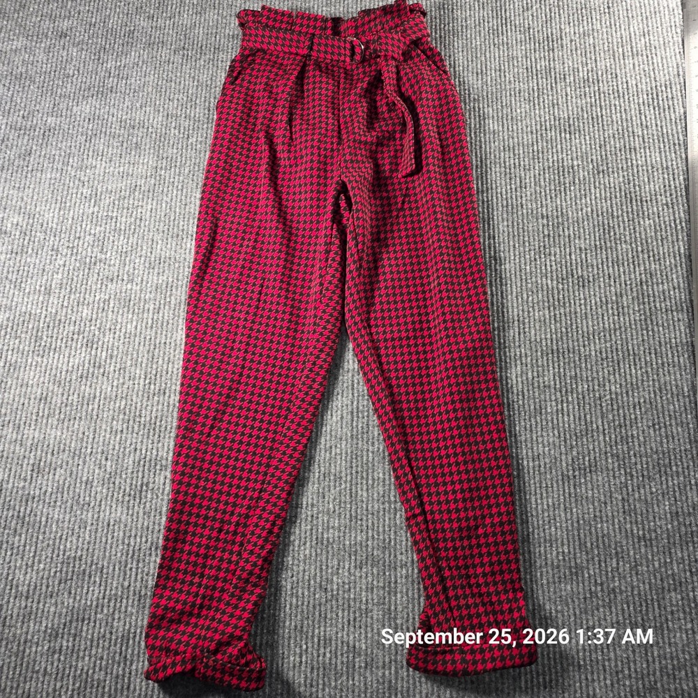 No Boundaries Red Black Houndstooth Paperbag Waist Belted Pants Small 3-5